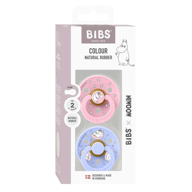 BIBS Rund Colour Sut - 2-Pak - Str. 2 - Naturgummi - Moomin - Dreaming - Baby Pink Mix