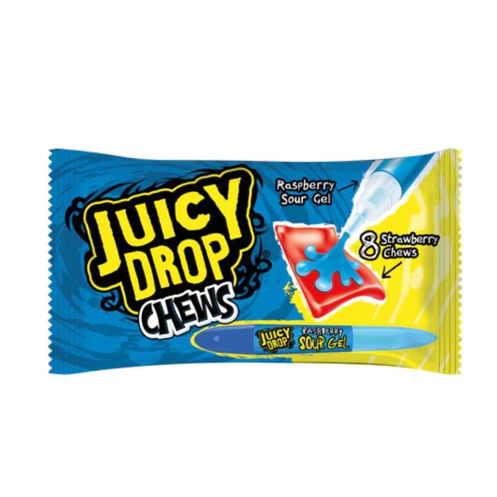 Juicy Drop Chew Raspberry Gel, gumeni bomboni s okusom borovnice s kiselim gelom od 67g