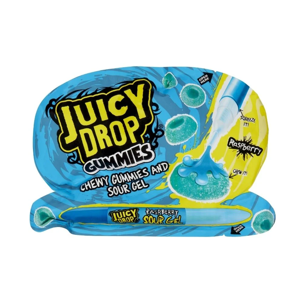 Juicy Drop Gummies and Sour Gel Raspberry, gumeni bomboni i gel s okusom maline od 57g