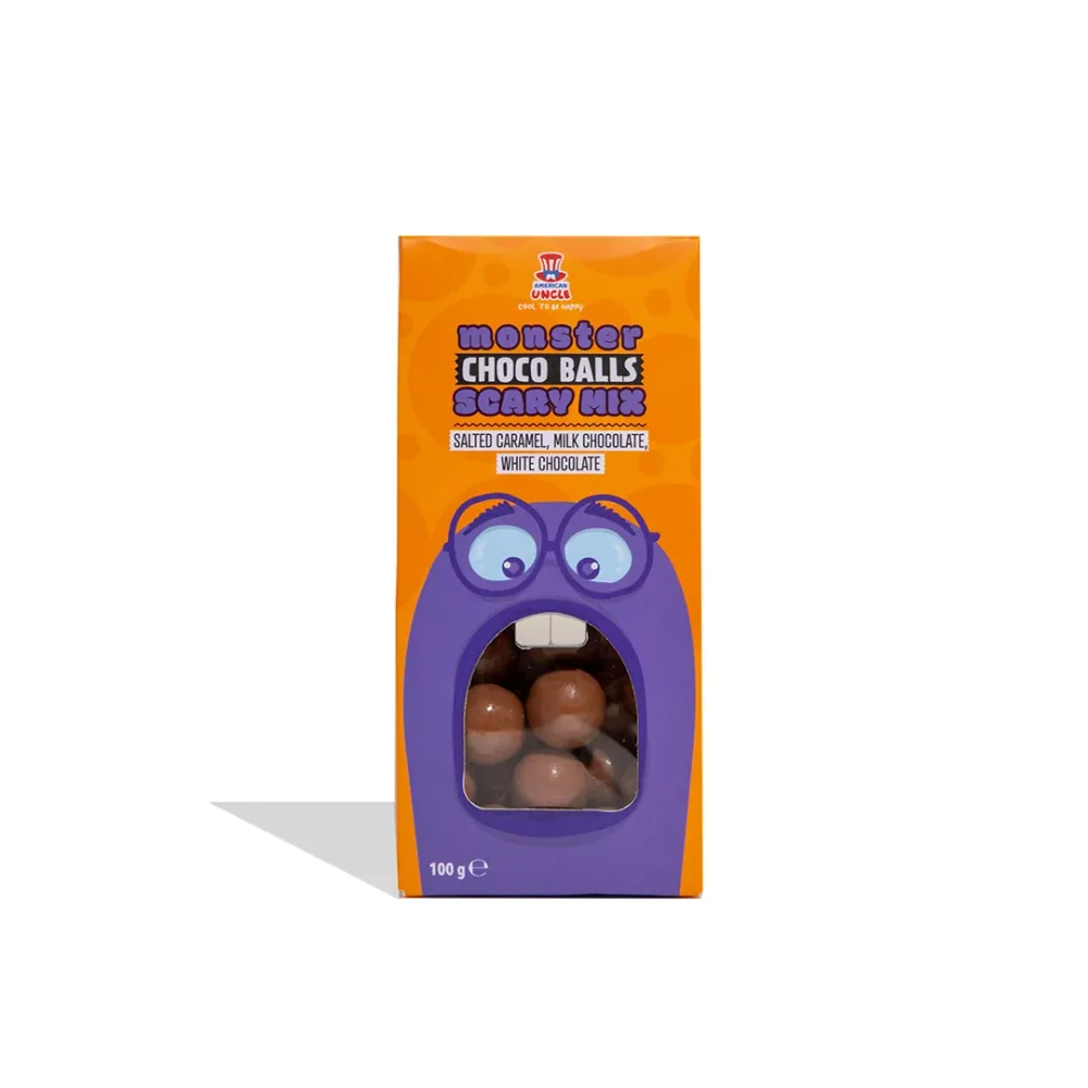 Monster Choco Balls Scary mix, mliječne čokoladne kuglice punjene bijelom čokoladom, slanim karamelom i mliječnom čokolado...