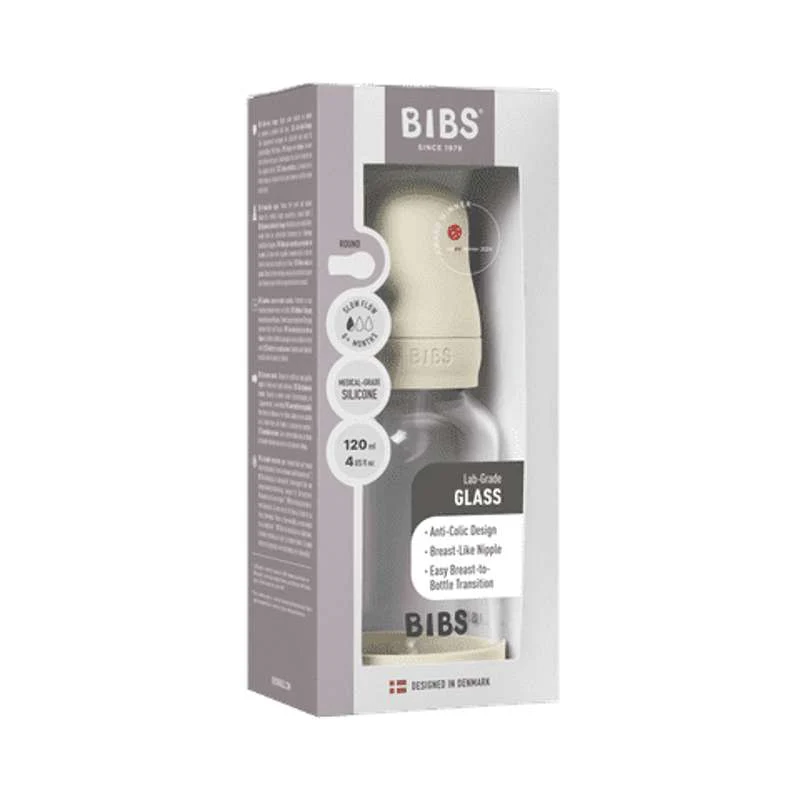 BIBS Boca - Set za cuclanje - Staklo - Silikon/Sporo protjecanje/Okroglo - 120 ml. - Slonovač
