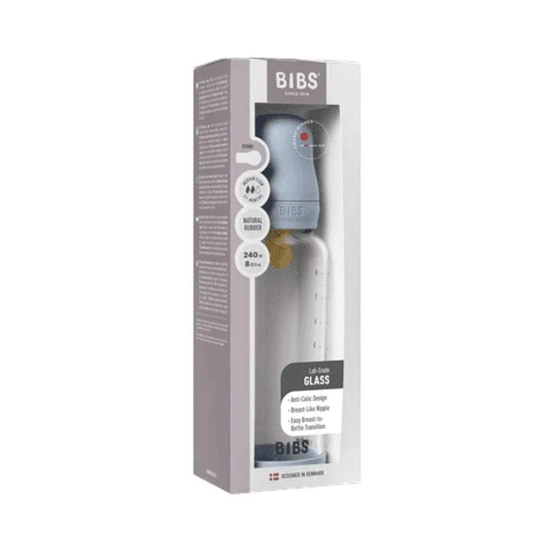 BIBS Boca - Set za sisanje - Staklo - Lateks / Srednji protok / Okruglo - 240 ml. - Baby plava