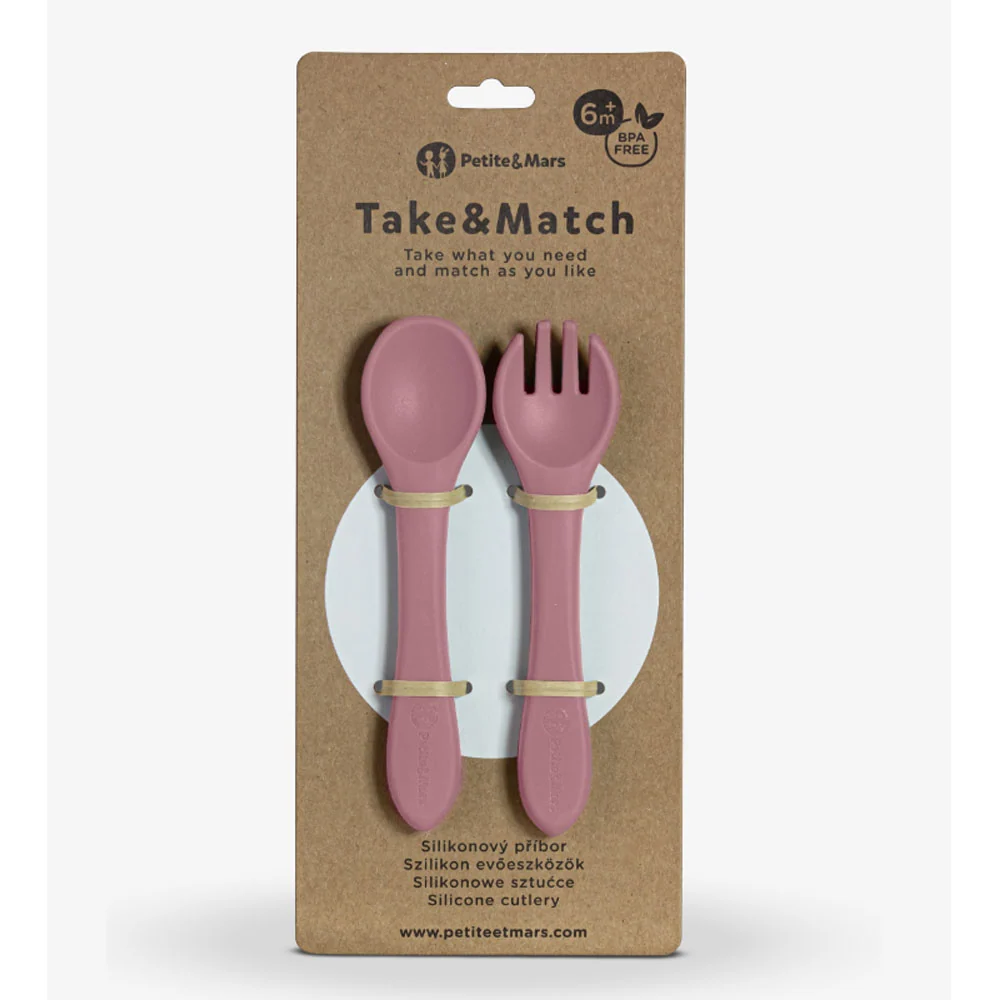 PETITE&MARS Silikonska žlica i vilica 6 m+ Take&Match, Dusty Rose