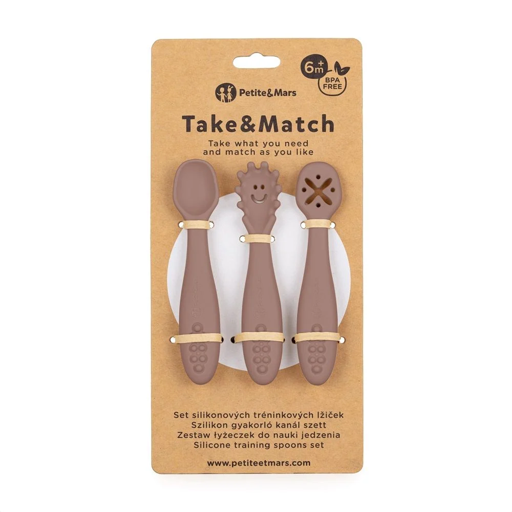 PETITE&MARS Silikonske žlice za trening od 3 kom 6 m+ Take&Match, Velvet Latte
