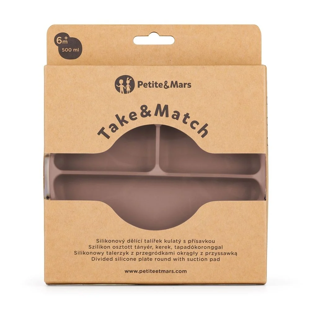 PETITE&MARS Silikonski okrugli tanjur s odjeljcima i vakuumom 6 m+ Take&Match, Velvet Latte