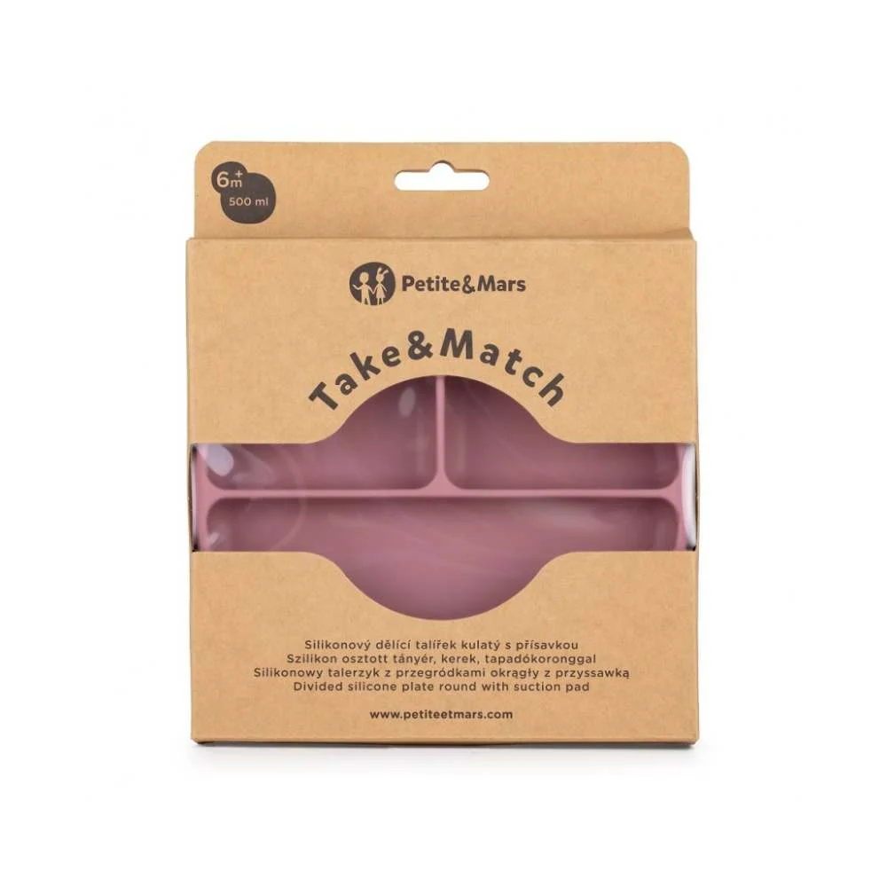PETITE&MARS Silikonski okrugli tanjur s odjeljcima i vakuumom 6 m+ Take&Match, Dusty Rose
