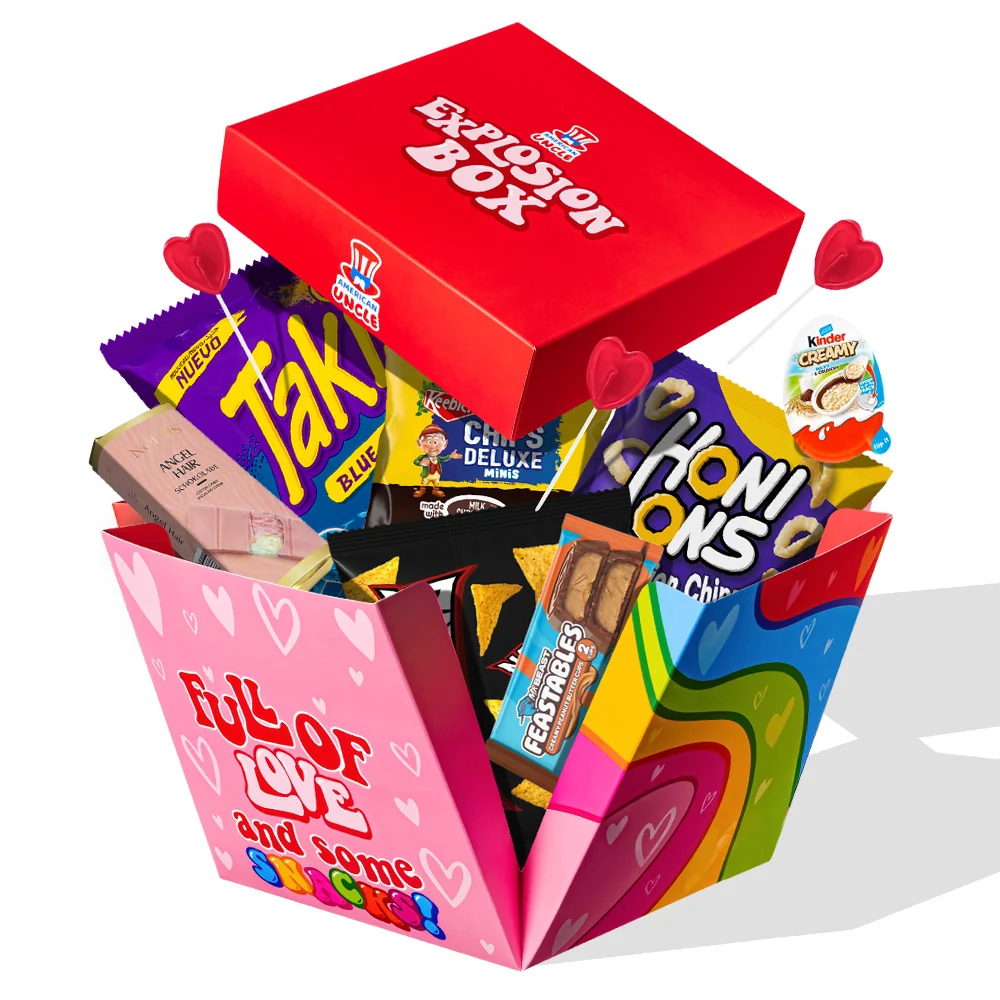 Eksplozija box “Ljubav”, eksplozivna poklon kutija sa 15 snack slatkih i slanih iznenađenja