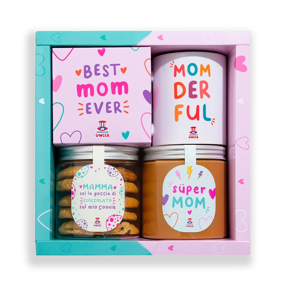 Poklon za mamu Box, poklon kutija za mamu s kolačićima raznih okusa, kremom od slane karamele i šalicom Momderful