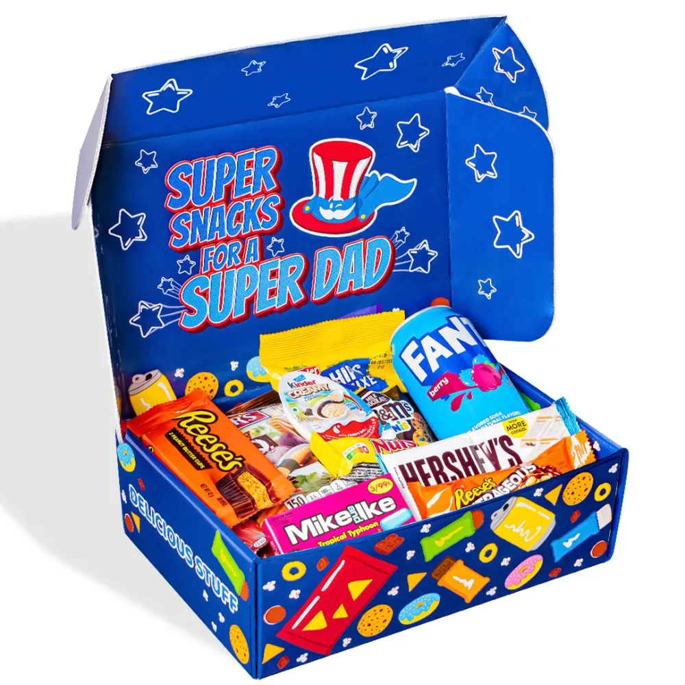 Snack Box "Najbolji tata", iznenađujuć kutija od 20 snack slatkiš, slanih grickalica i pić za tatu