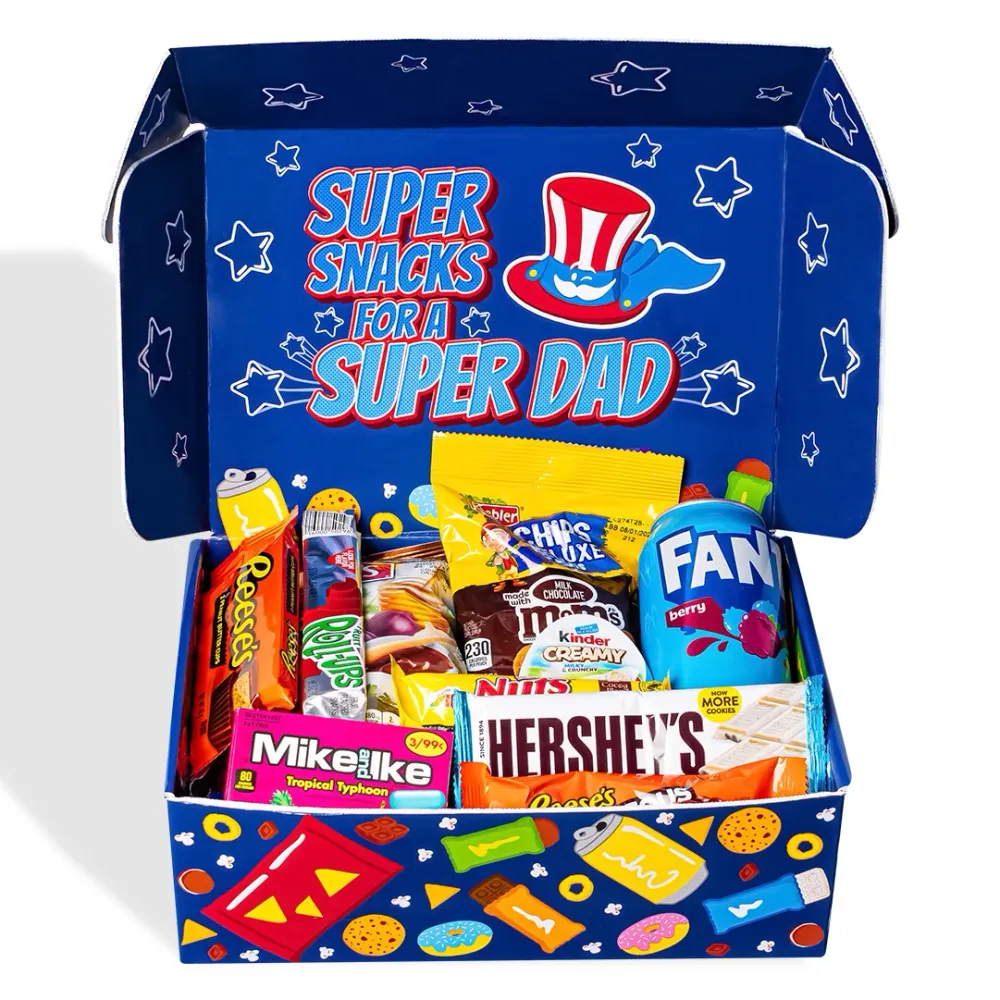 Snack Box "Najbolji tata", iznenađujuć kutija od 20 snack slatkiš, slanih grickalica i pić za tatu