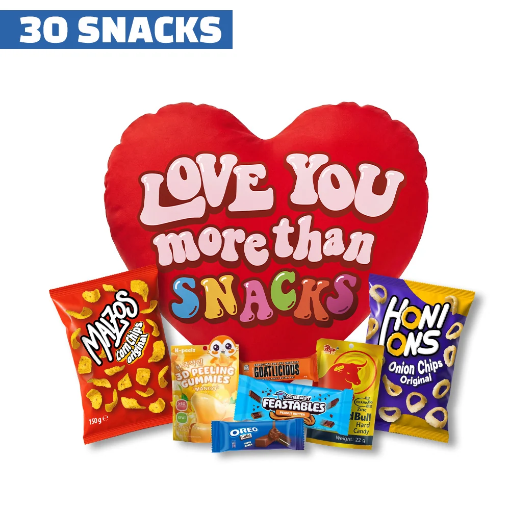 Valentine’s Heart XL, jastuk u obliku srca s 30 snack slatkih i slanih iznenađenja