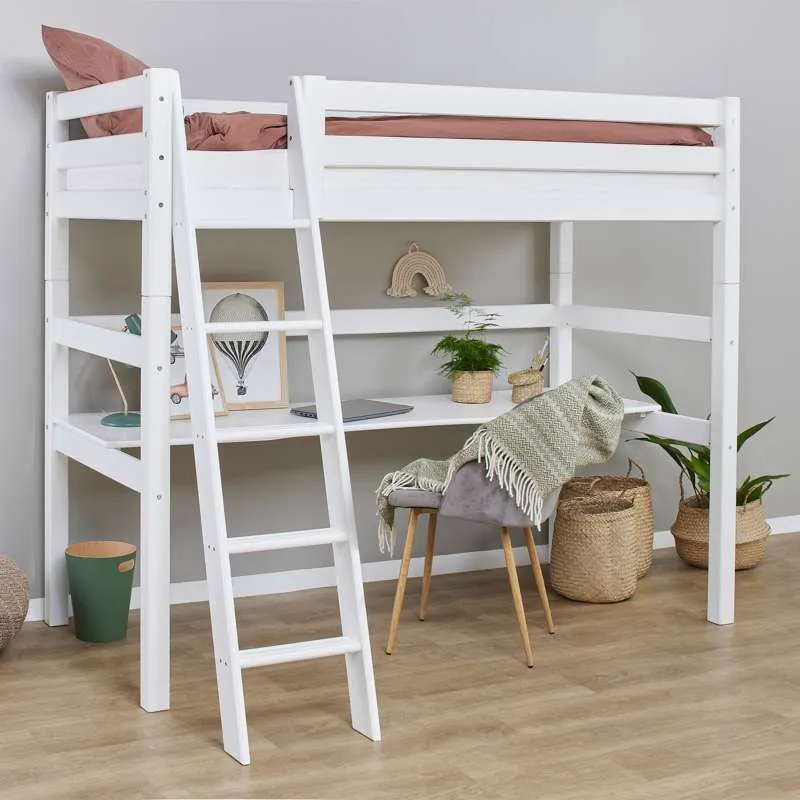 Hoppekids ECO Ekskluzivan - Højseng m. Bordplade - 90x200 cm. - Skrå Stige - Hvid