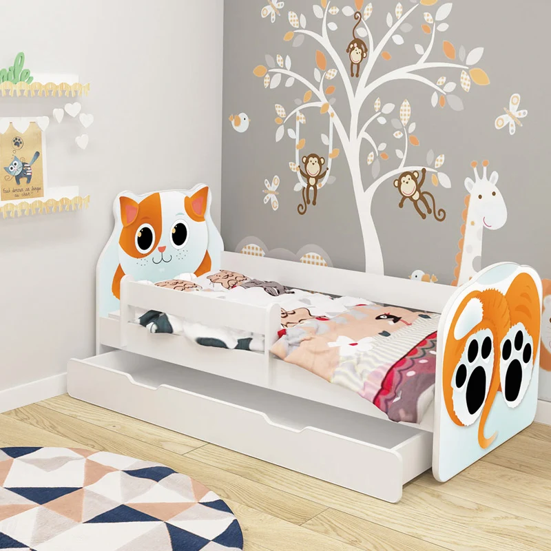 Dječji krevet ACMA Animals, bočna bijela + ladica 180x80 cm 02 Mačka