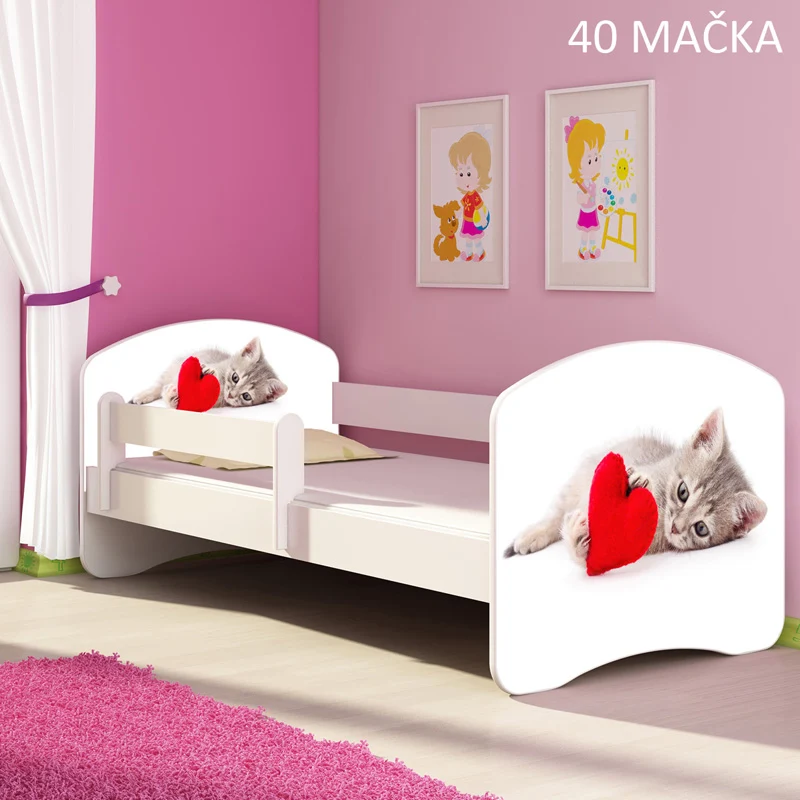 Dječji krevet ACMA s motivom, bočna bijela 140x70 cm 40 Mačka