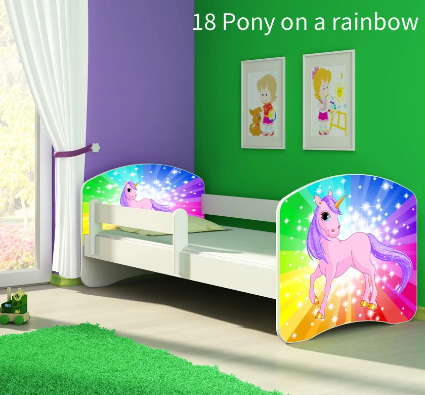 Dječji krevet ACMA s motivom, bočna bijela 140x70 cm 18 Pony on rainbow