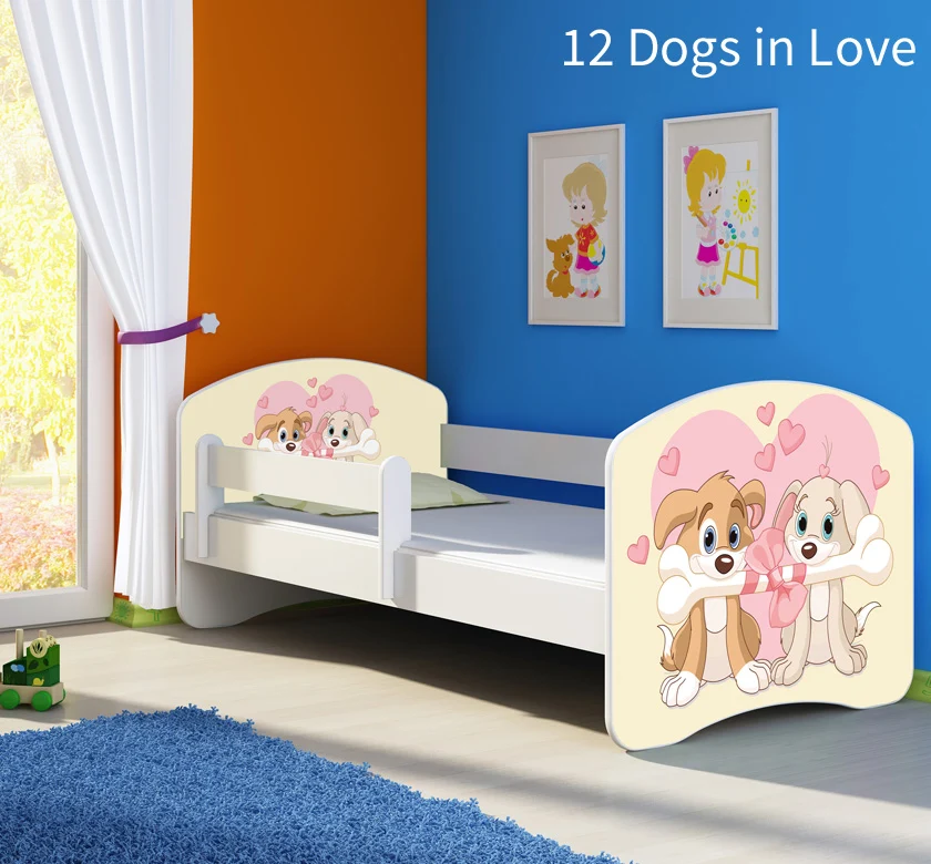 Dječji krevet ACMA s motivom, bočna bijela 140x70 cm 12 Dogs Love