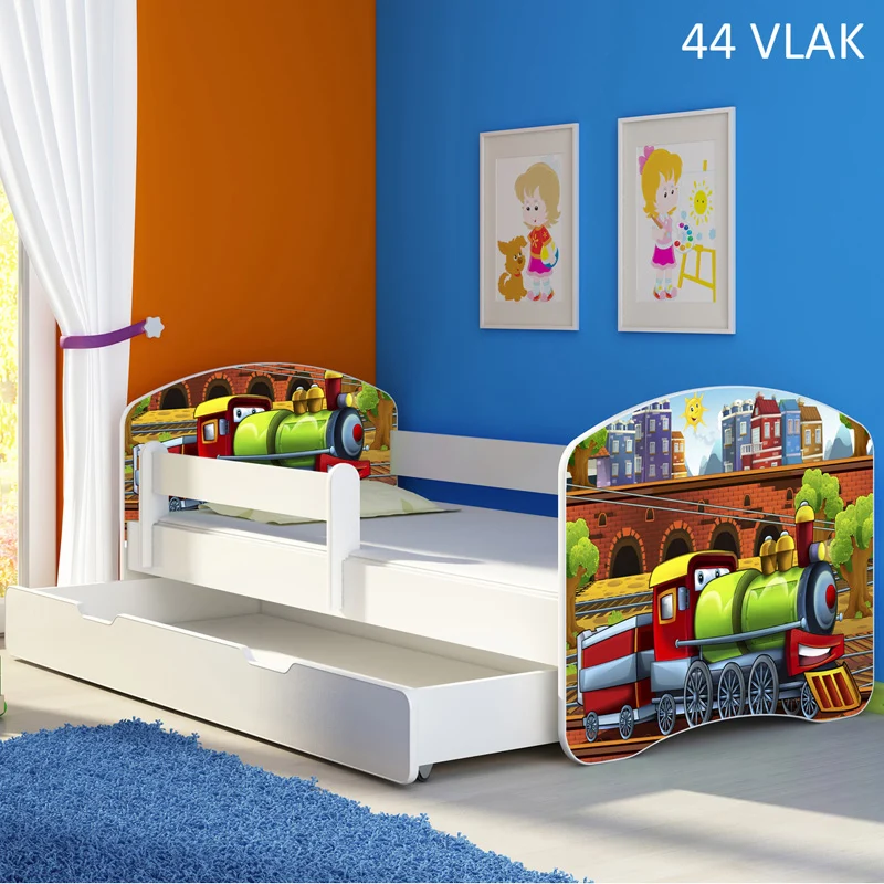 Dječji krevet ACMA s motivom, bočna bijela + ladica 180x80 cm 44 Vlak