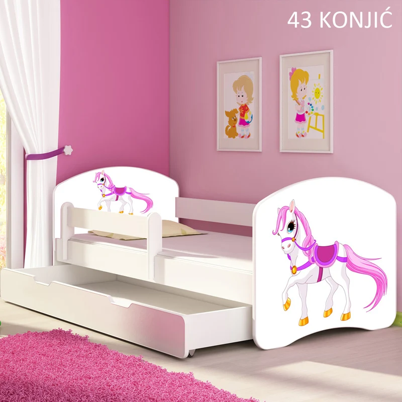 Dječji krevet ACMA s motivom, bočna bijela + ladica 180x80 cm 43 Konjić