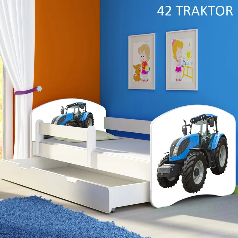 Dječji krevet ACMA s motivom, bočna bijela + ladica 180x80 cm 42 Traktor