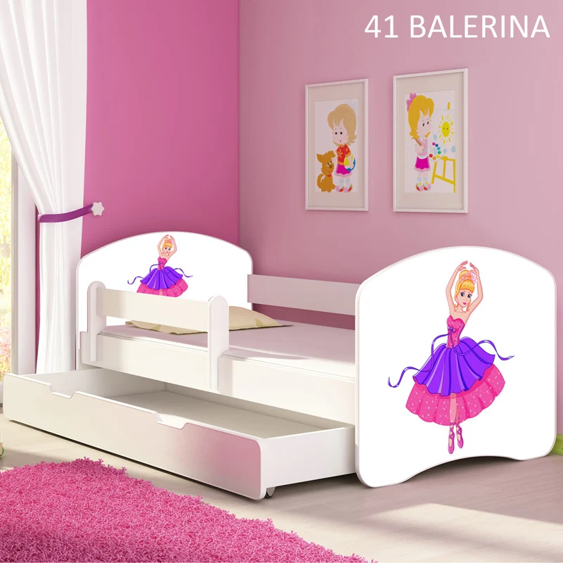 Dječji krevet ACMA s motivom, bočna bijela + ladica 180x80 cm 41 Balerina