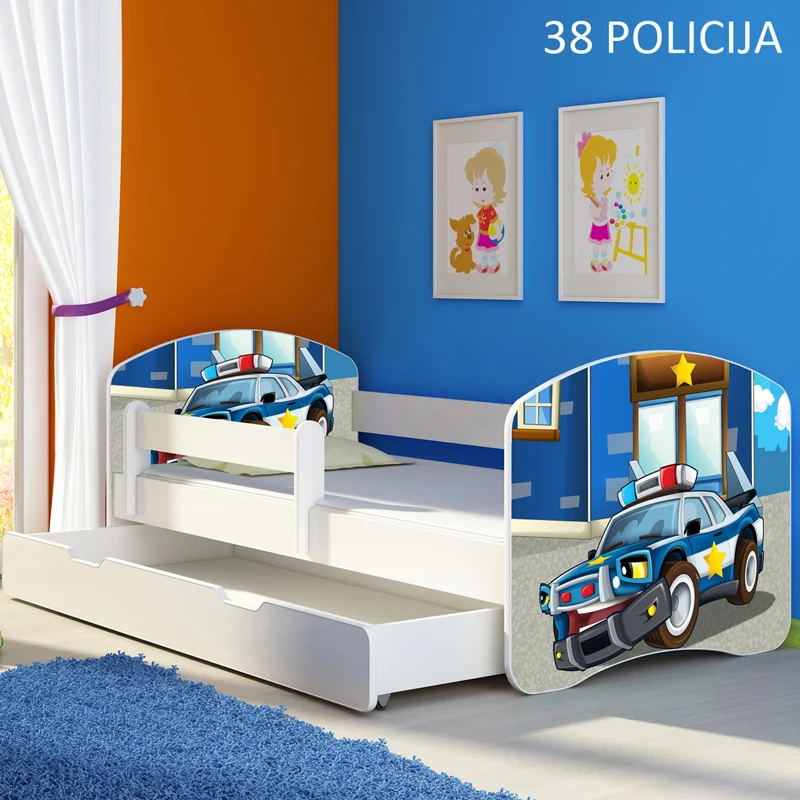 Dječji krevet ACMA s motivom, bočna bijela + ladica 180x80 cm 38 Policija