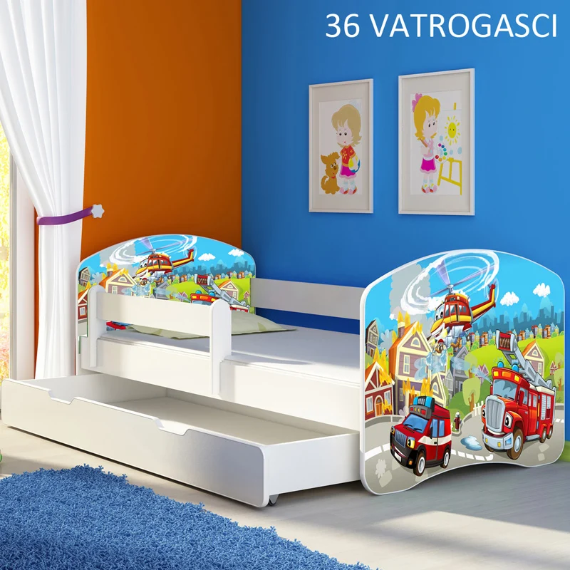 Dječji krevet ACMA s motivom, bočna bijela + ladica 180x80 cm 36 Vatrogasci