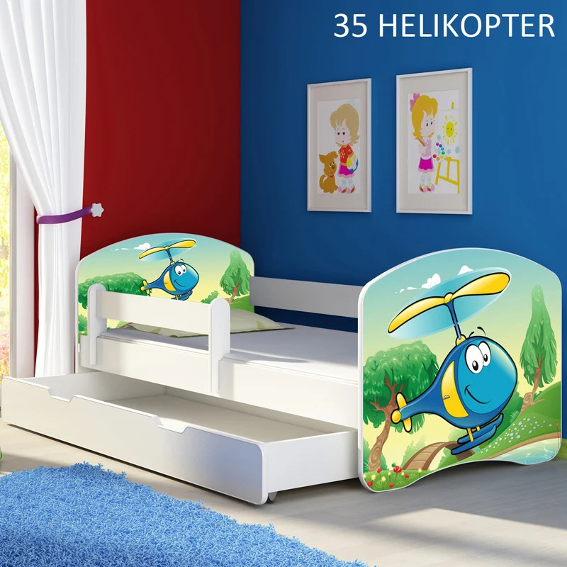 Dječji krevet ACMA s motivom, bočna bijela + ladica 180x80 cm 35 Helikopter