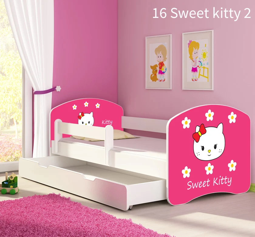 Dječji krevet ACMA s motivom, bočna bijela + ladica 180x80 cm 16 Sweet Kitty 2