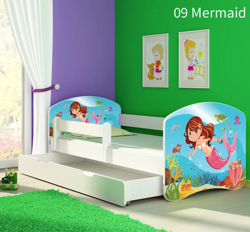 Dječji krevet ACMA s motivom, bočna bijela + ladica 180x80 cm 09 Mermaid