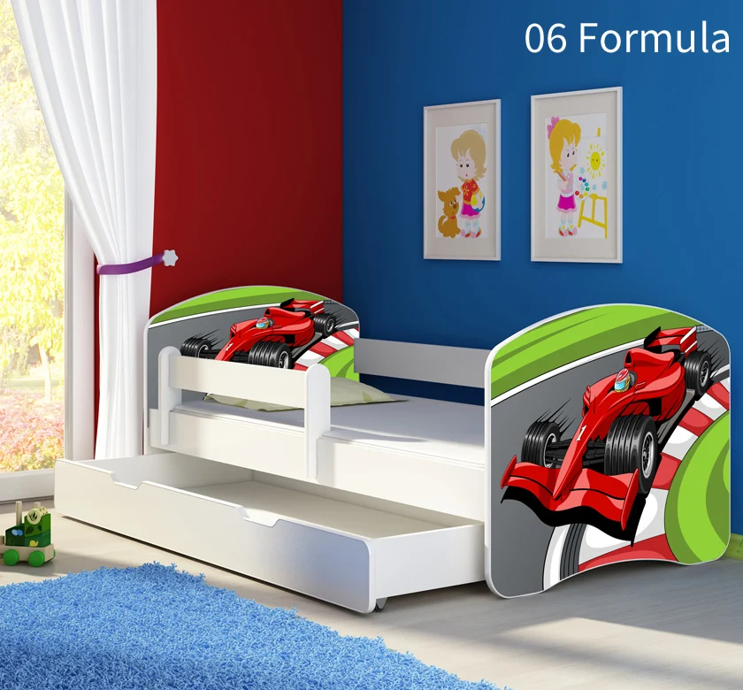 Dječji krevet ACMA s motivom, bočna bijela + ladica 180x80 cm 06 Formula 1