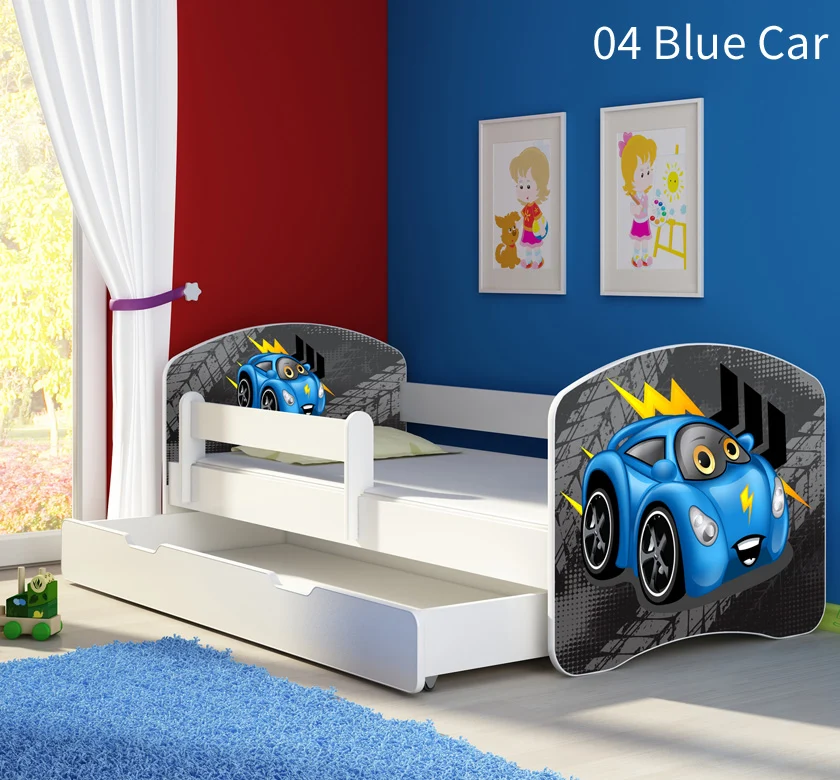 Dječji krevet ACMA s motivom, bočna bijela + ladica 180x80 cm 04 Blue Car