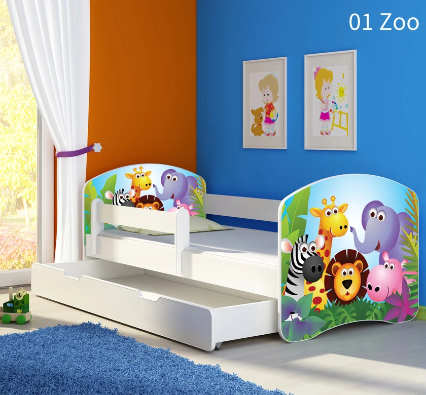 Dječji krevet ACMA s motivom, bočna bijela + ladica 180x80 cm 01 Zoo