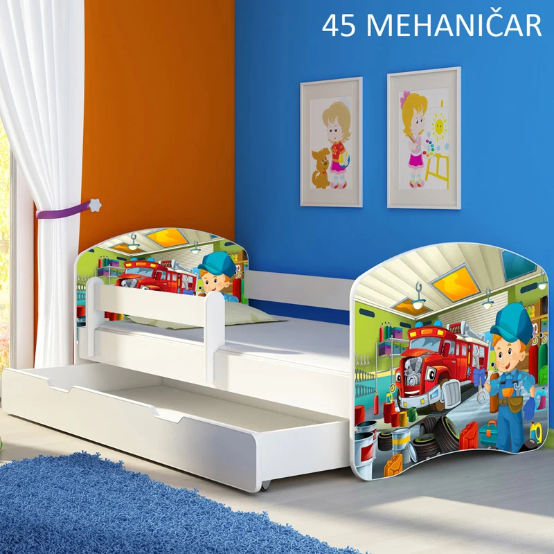 Dječji krevet ACMA s motivom, bočna bijela + ladica 160x80 cm 45 Mehaničar