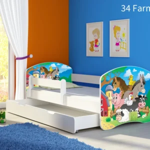 Dječji krevet ACMA s motivom, bočna bijela + ladica 160x80 cm 34 Farm