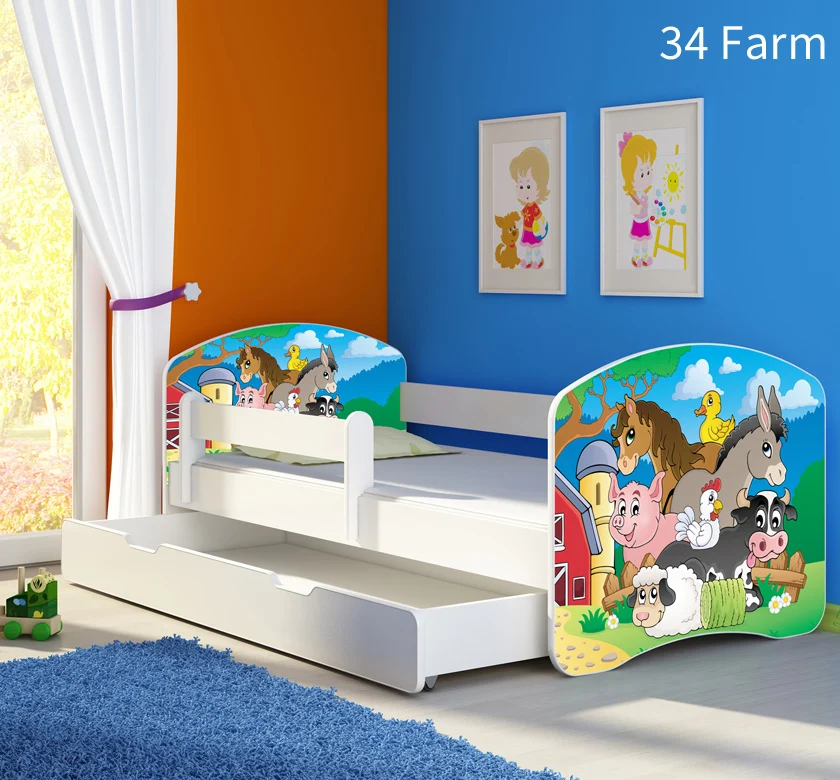 Dječji krevet ACMA s motivom, bočna bijela + ladica 160x80 cm 34 Farm