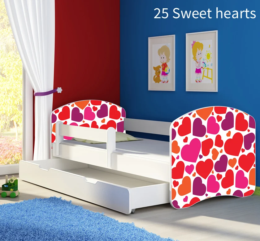 Dječji krevet ACMA s motivom, bočna bijela + ladica 160x80 cm 25 Sweet hearts