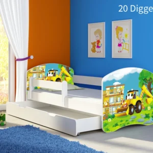 Dječji krevet ACMA s motivom, bočna bijela + ladica 160x80 cm 20 Digger