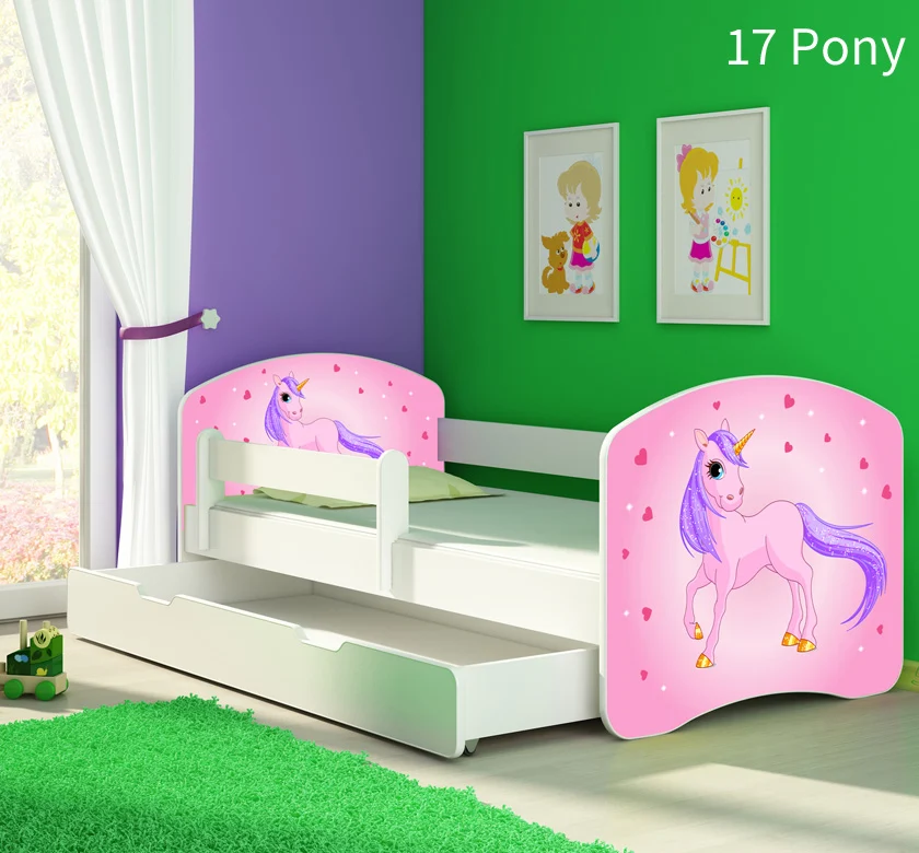 Dječji krevet ACMA s motivom, bočna bijela + ladica 160x80 cm 17 Pony