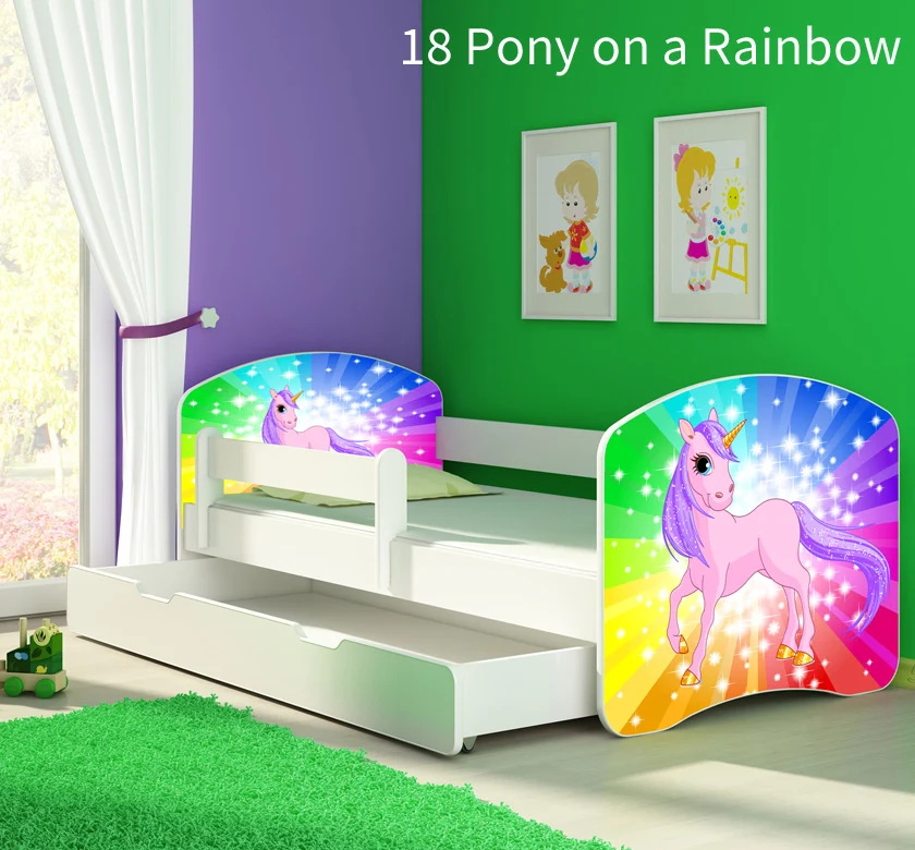 Dječji krevet ACMA s motivom, bočna bijela + ladica 160x80 cm 18 Pony on rainbow