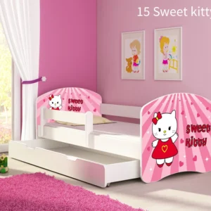 Dječji krevet ACMA s motivom, bočna bijela + ladica 160x80 cm 15 Sweet Kitty