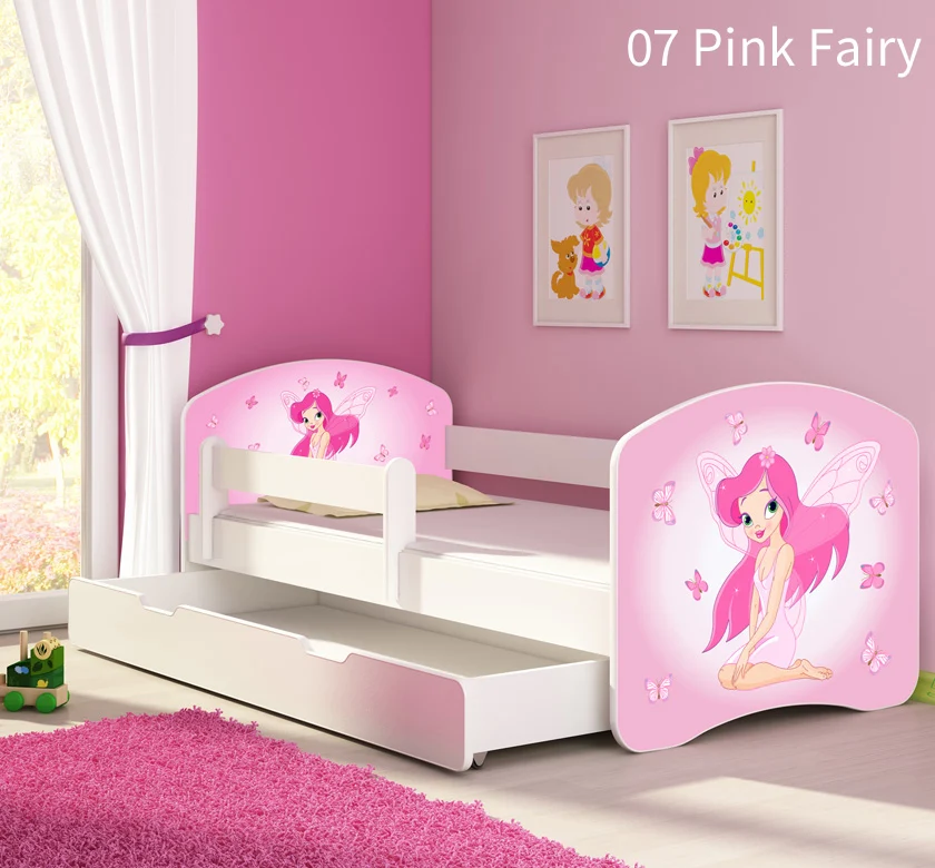 Dječji krevet ACMA s motivom, bočna bijela + ladica 160x80 cm 07 Pink Fairy