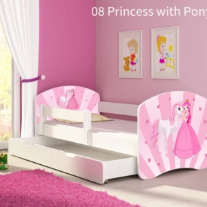 Dječji krevet ACMA s motivom, bočna bijela + ladica 160x80 cm 08 Princess Pony