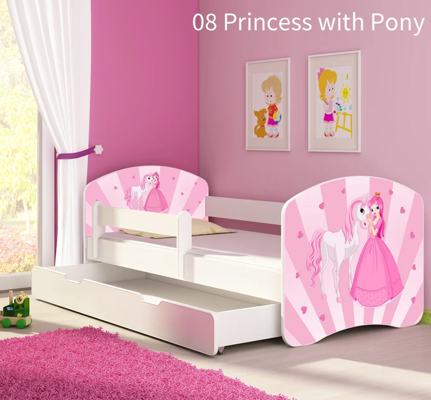 Dječji krevet ACMA s motivom, bočna bijela + ladica 160x80 cm 08 Princess Pony