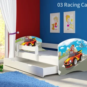 Dječji krevet ACMA s motivom, bočna bijela + ladica 160x80 cm 03 Racing Car