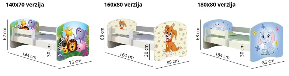 Dječji krevet ACMA s motivom, bočna bijela 160x80 cm 02 Animals