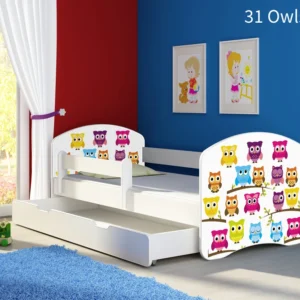 Dječji krevet ACMA s motivom, bočna bijela + ladica 140x70 cm 31 Owls