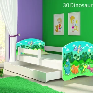 Dječji krevet ACMA s motivom, bočna bijela + ladica 140x70 cm 30 Dinosaurs