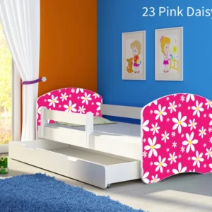 Dječji krevet ACMA s motivom, bočna bijela + ladica 140x70 cm 23 Pink Daisy
