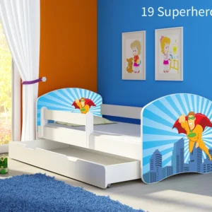 Dječji krevet ACMA s motivom, bočna bijela + ladica 140x70 cm 19 Superhero