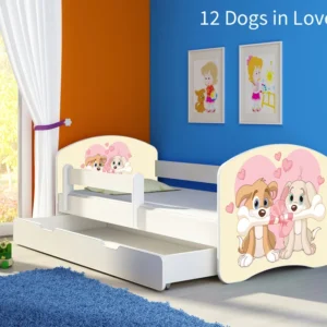 Dječji krevet ACMA s motivom, bočna bijela + ladica 140x70 cm 12 Dogs Love